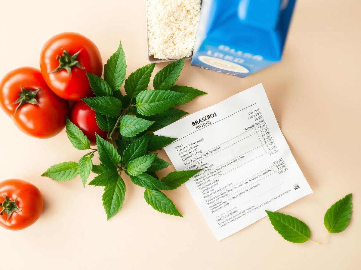 Cupom fiscal de supermercado sobre bancada com frutas e legumes